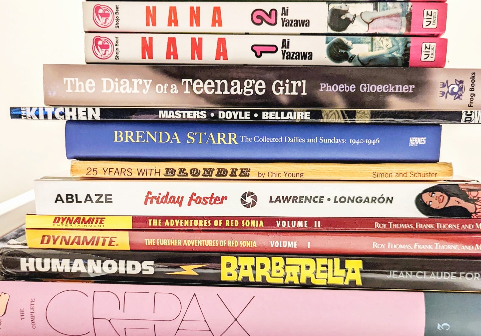 A stack of graphic novels and comic collections